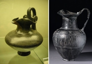 Etruscan bucchero oenochoe 8-7th centuries BC - source Wikipedia Sailco, and another 7-6th centuries BC